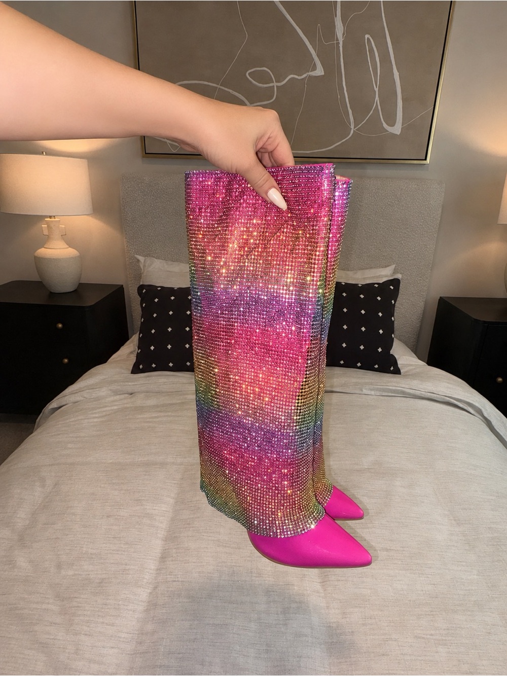 Cape Robbin Hot Pink Multicolor Rhinestone Knee-High Heeled Boots